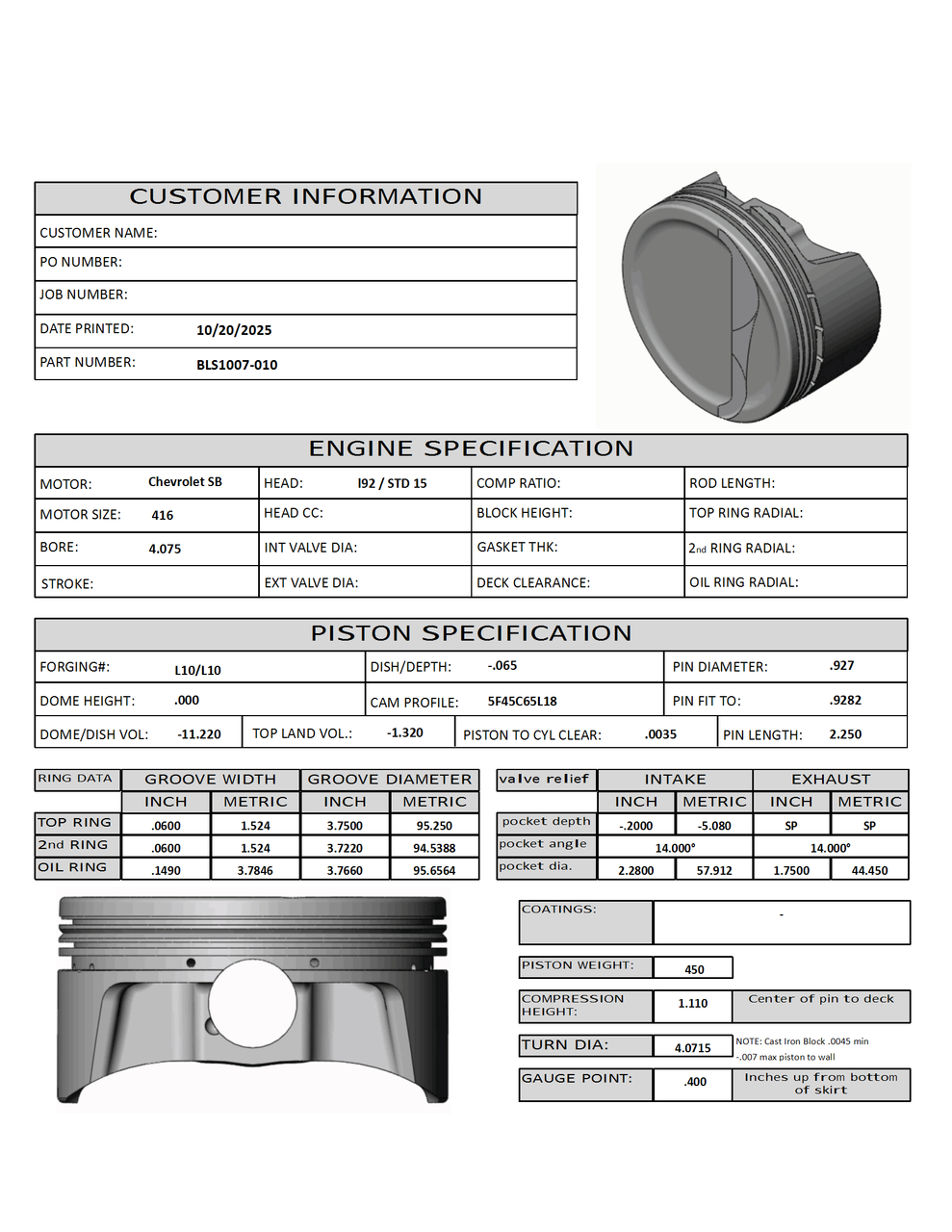 CP Bullet LS 4.075" Pistons Set | -11.2cc Dish Top | 4.00" Stroke | BLS1007-010