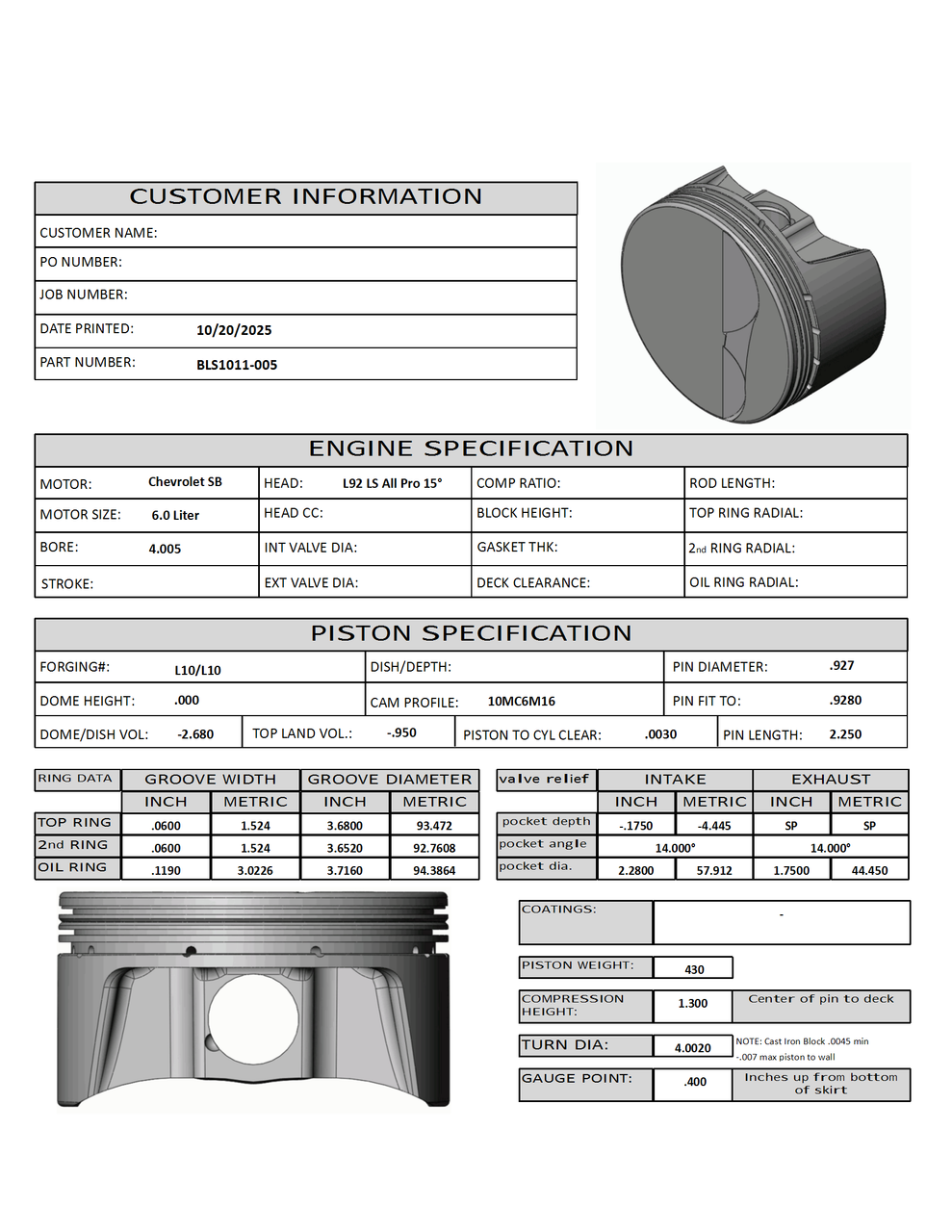 CP Bullet 4.005" Piston Set | -2.7cc Flat Top | 3.622" Stroke | BLS1011-005
