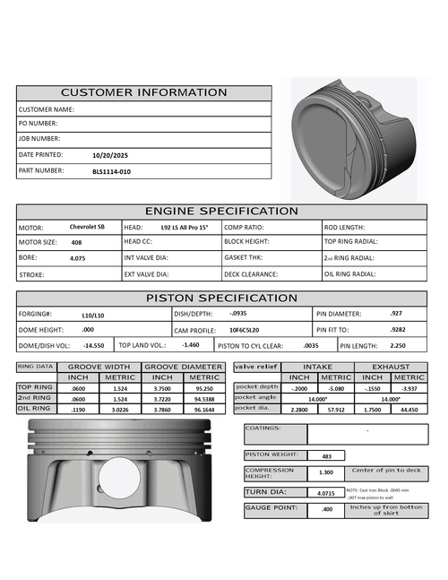 CP Bullet LS 4.075" Piston Set | -14.5cc Dish Top | 3.622" Stroke | BLS1114-010