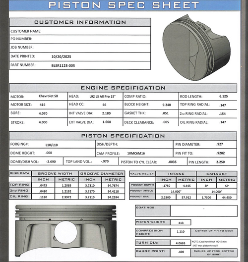 CP Bullet LS 4.070" Pistons Set | -2.7cc Flat Top | 4.00" Stroke | BLSR1123-005