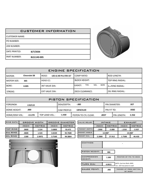 CP Bullet LS 4.005" | -13.3cc Dish Top | 3.622" Stroke | BLS1140-005