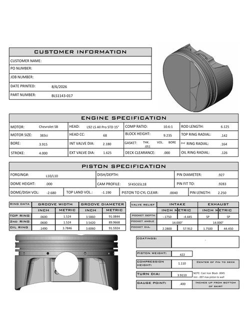 CP Bullet LS 3.905" Piston Set | -2.68cc Flat Top | 4.00" Stroke | BLS1143-017