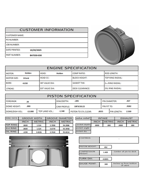 CP Bullet Holden 4.030" Pistons Set | -12cc Dish Top | 3.480" Stroke | 5.700" Conrods