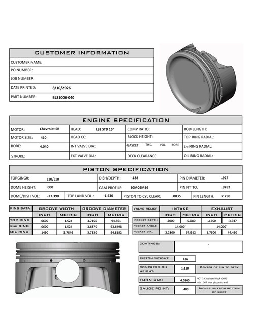 CP Bullet LS 4.040" Piston Set | -27.5cc Dish | 4.00" Stroke | BLS1006-040