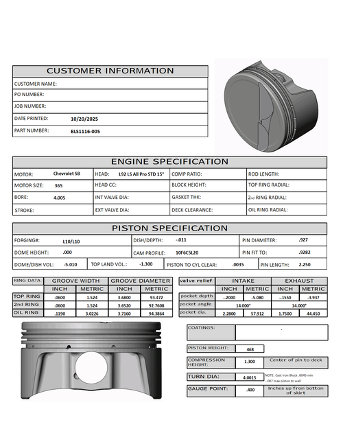 CP Bullet LS 4.005 Pistons Set | -5.6cc Dish | 3.622" Stroke | BLS1116-005