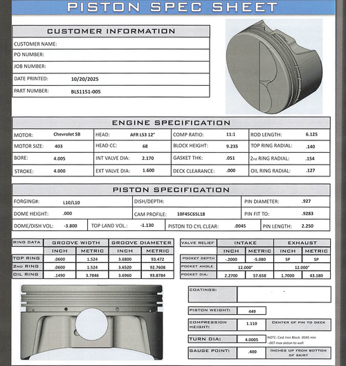 CP Bullet LS 4.005" Pistons Set | -3.0cc Flat Top | 4.00" Stroke | BLS1151-005