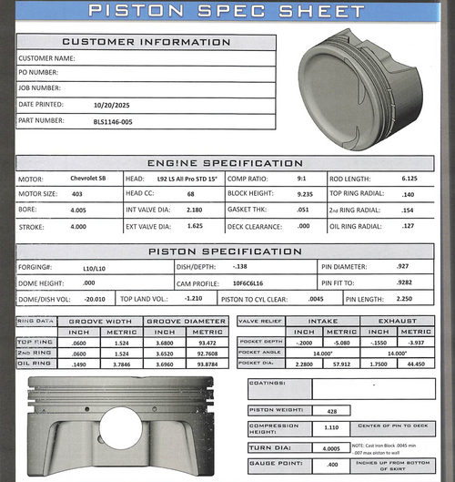 CP Bullet LS 4.005" Pistons Set | -20Cc Dish Top | 4.00" Stroke | BLS1146-005