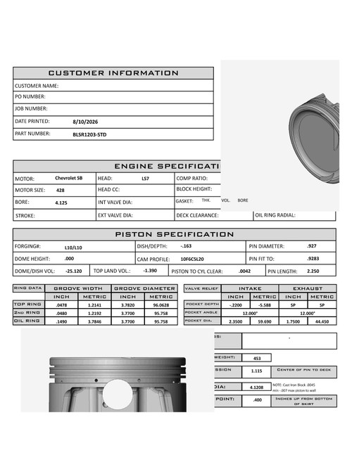 CP Bullet LS 4.125" Piston Set | -25cc Dish Top | 4.00" Stroke | BLSR1203-STD