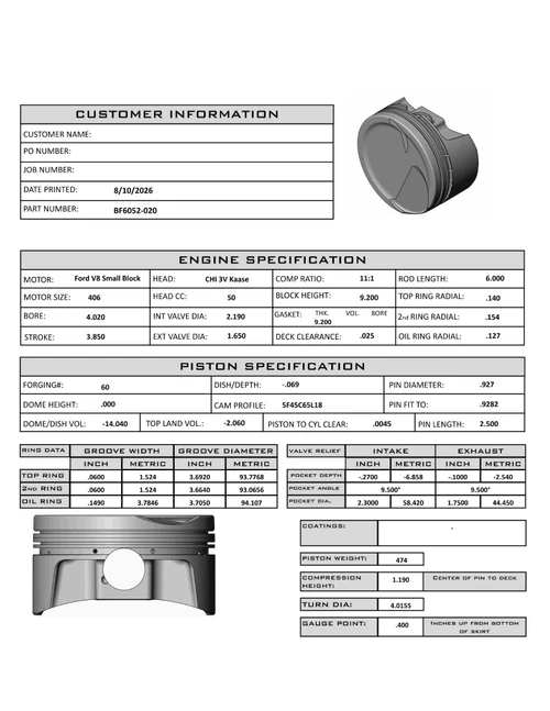CP Bullet Ford Cleveland 4.020" Piston Set | -14cc Dish | 4.000" Stroke | BF6052-020