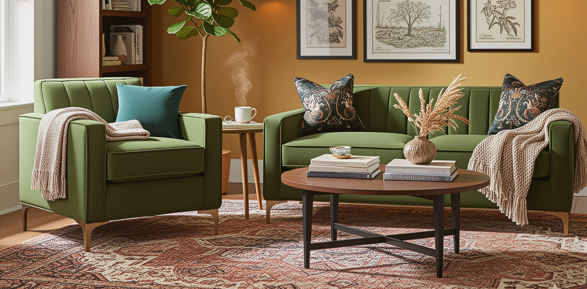 green sofa and chair in living room