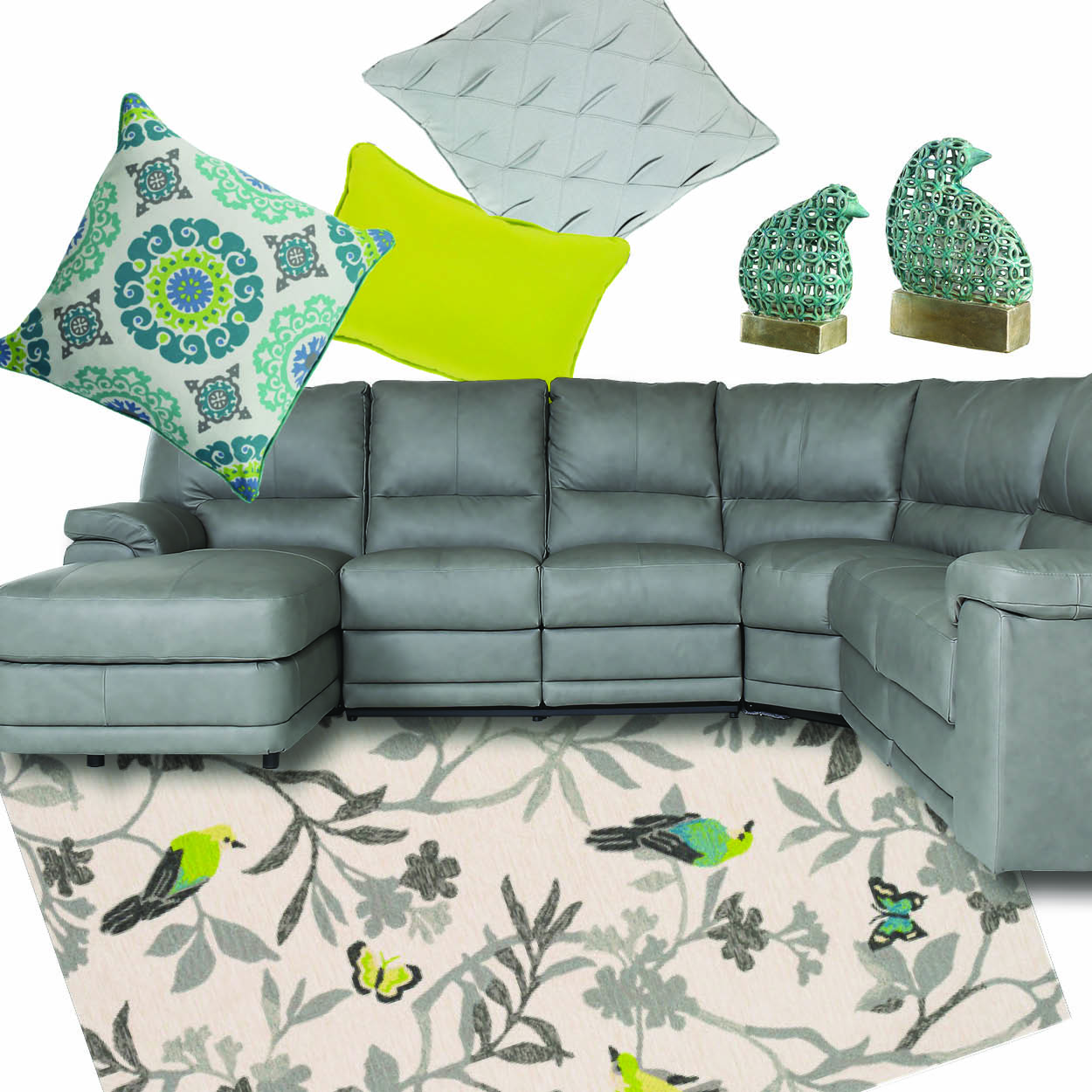 A large grey leather sectional sits amongst various decor items in shades of teal, yellow, and white