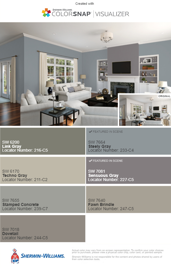 A modern, comfortable living room with white matching sofa and chairs sits above color swatches that show how the colors in the room go together
