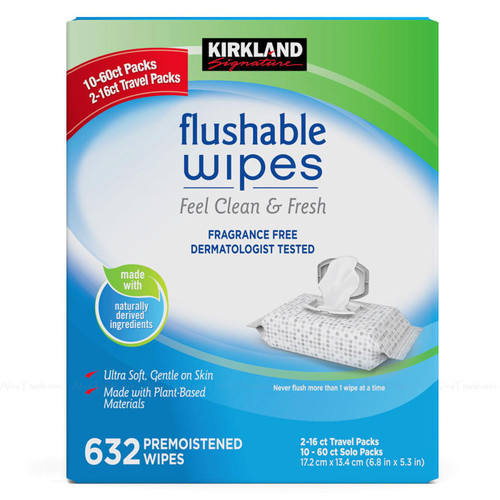 Kirkland Signature Flushable Wipe 632 Sheets Moist Clean Fresh Travel+Solo Packs