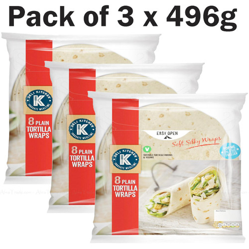 Deli Kitchen Plain Tortilla Wrap Flat Bread Soft Silky 3x8 Pcs Vegan Pack 3x496g