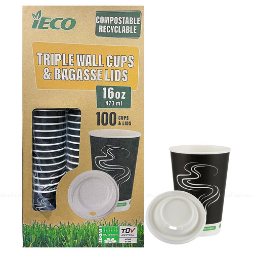 iECO Triple Wall Compostable Hot Bagasse Coffee Tea Cups + Lids Pack 100 x 473ml