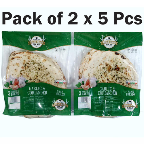 Leicester Handmade Garlic & Coriander Naans Bread Vegan Kosher Pack of 2 x 5 Pcs