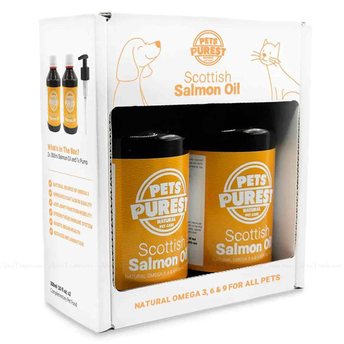 Pets Purest Scottish Salmon Oil with Pump Cats Dogs Natural Omega 3 Pack 2x300ml