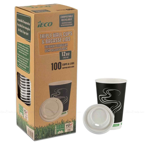 iECO Triple Wall Compostable Hot Bagasse Coffee Tea Cups + Lids Pack 100 x 340ml