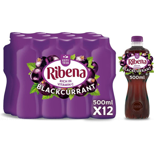 Ribena Blackcurrant Juice Vitamin C Flavour Fruit Taste Bottles Pack 12 x 500ml