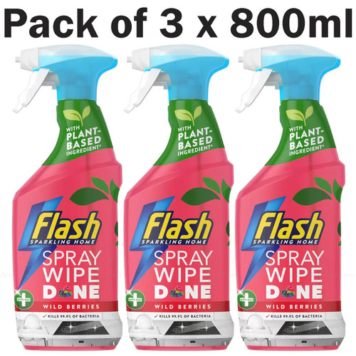 Flash Spray Wipe Done Kitchen Wild Berries Surface Grease Cleaner Pack 3 x 800ml