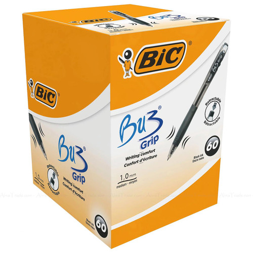 Bic BU3 Grip Comfort Retractable Ballpoint Pen Black Ink 1.0mm Medium Pack of 60