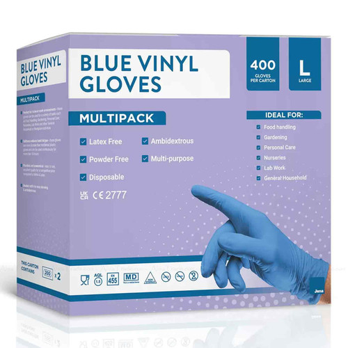Jena Disposable Multi-Purpose Blue Vinyl Gloves Ambidextrous Large Size Pack 400