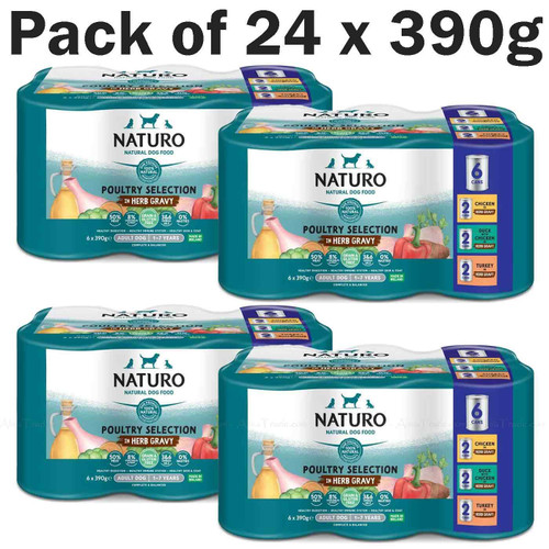 Naturo Poultry Selection in Herb Gravy Dog Food Meat Fruit Veg Cans Pack 24x390g