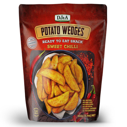 DJ&A Sweet Chilli Potato Wedges Natural Plant Based Ready to Eat Snack Pack 450g