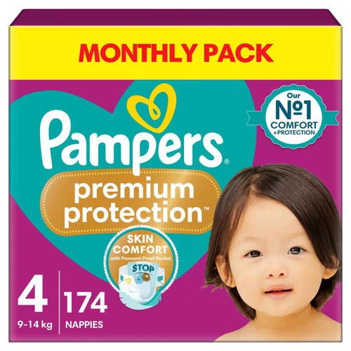 Pampers Baby Size 4 Nappy9-14Kg Premium Protection Soft Monthly Pack 174 Nappies