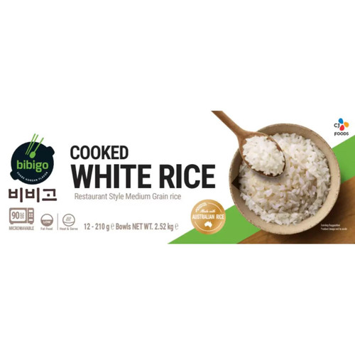 Bibigo Cooked Sticky White Rice Medium Grain Restaurant Style Bowls Pack 12x210g