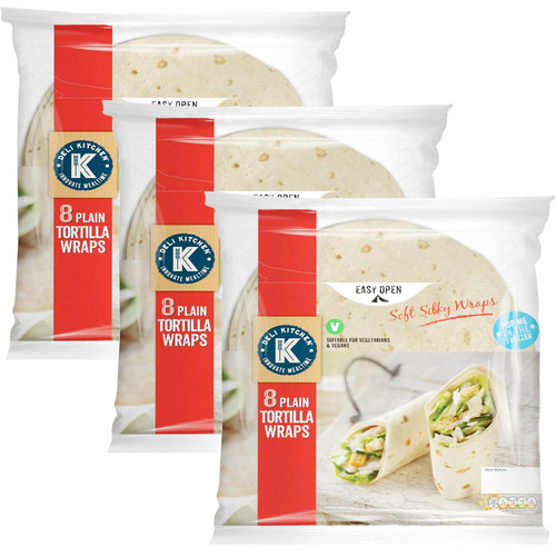 Deli Kitchen Plain Tortilla Wrap Flat Bread Soft Silky 3x8 Pcs Vegan Pack 3x496g