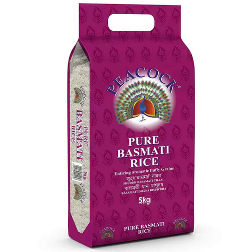 Peacock Pure Basmati Rice Slender Long Enticing Aroma Fluffy Grain Cook Pack 5kg