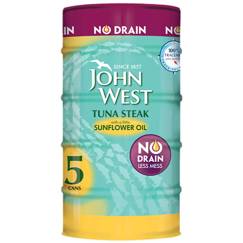 John West Tuna Steak in Sunflower Oil No Drain Less Mes Fish Tin Can Pack 5x110g