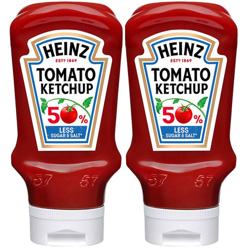 Heinz 50/50%Less Sugar Salt Squeezy 800ml Tomato Ketchup Sauce Vegan Pack 2x880g