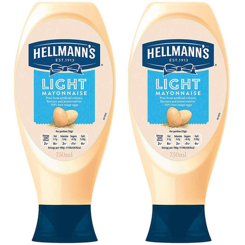 Hellmann's Light Squeezy Creamy Mayonnaise Mayo Sauce Salad Burger Pack 2 x750ml