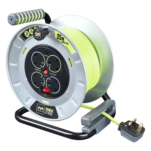 Masterplug Pro-XT 25M Metal Cable Reel 4 Sockets Portable Power Extension Lead