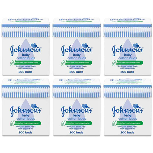 Johnson's Baby Pure Cotton Tips Gentle Clean Paper Sticks Soft Pack 6 x 200 Buds