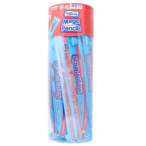 Vidal Strawberry Mega Pencils Fondant Sweets Individually Wrap Tub Pack 40 x 23g