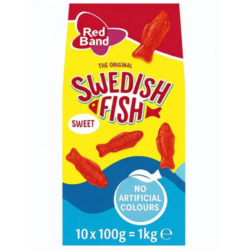 Red Band Swedish Fish Shape Sweet Strawberry Flavour Chewy Candies Pack 10x100g