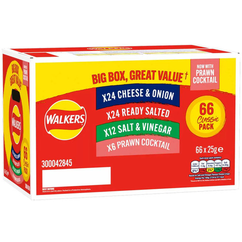 Walkers Crisps Mix Variety Classic Salt Cheese Onion Vinegar Prawn Chip 66 x 25g