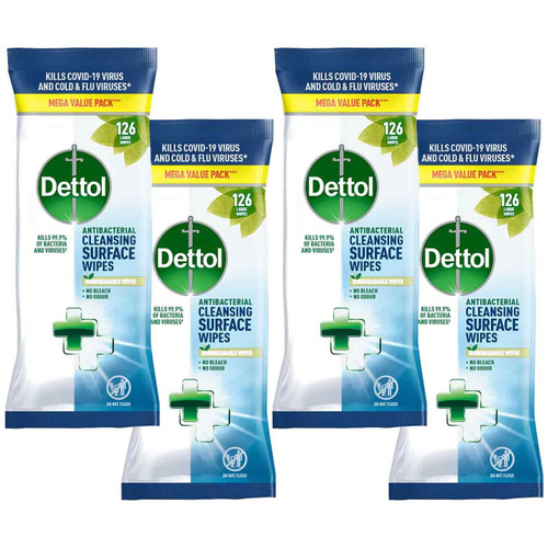 Dettol Biodegradable Antibacterial Wipe Surface Cleaning Sheets Pack 4x126 Wipes