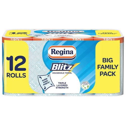 Regina Blitz Household Kitchen Paper Towel 3-Ply Strength 70Sheets Pack 12 Rolls