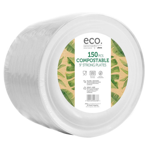 Jena 9" Bagasse Strong Round Plates Eco Natural Plant Fiber Compostable 150 Pcs