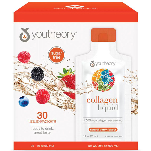 Youtheory Collagen Liquid Berry Flavour Formula Support Hair Nail Skin 30 Tubes