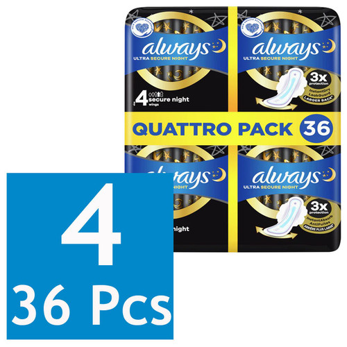 Always Ultra Night Secure Sleep Sanitary Extra Wings Size 4 Quattro Pack 36 Pads