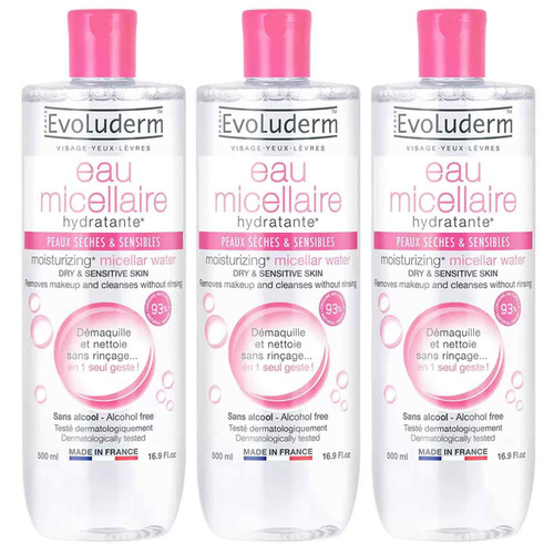 Evoluderm Micellar Water Skin Face Make Up Remover Cleansing Vegan Pack 3x500ml