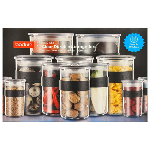 Bodum PRESSO Storage With Lids Food Container Plastic Jars Mix Size Pack 12 Pcs
