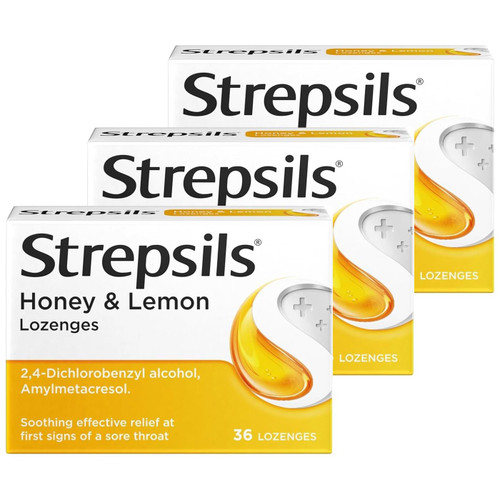 Strepsils Honey Lemon Lozenges Sore Throat Cough Relief Soothing Pack 3x36 Pcs