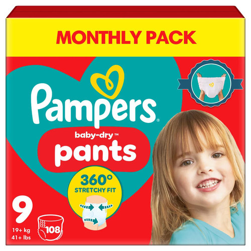 Pampers Baby Dry Size9 Diaper Pants 19+kg Stretchy Large Monthly Pack 108Nappies