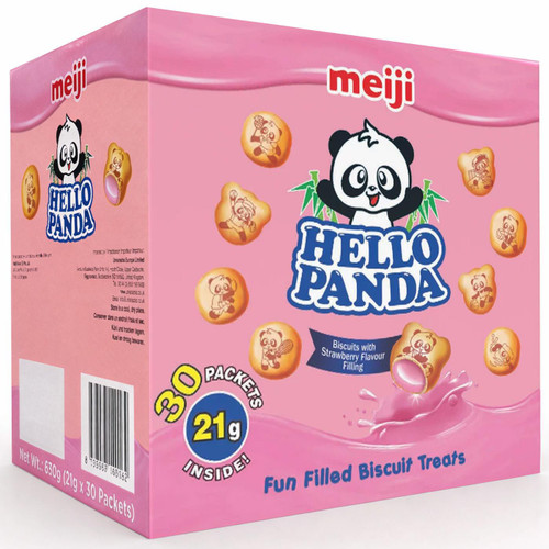 Meiji Hello Panda Strawberry Filling Biscuit Bite Size Treat Packets Pack 30x21g
